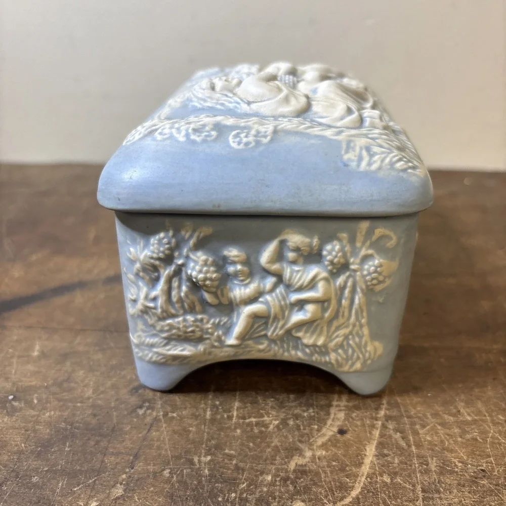 Vintage Blue & White Cherub Relief Music Box Trinket Jew Box Plays Music Footed